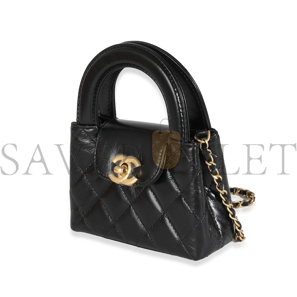 CHANEL MASTER 24P BLACK QUILTED SHINY AGED CALFSKIN MINI NANO KELLY SHOPPER AP3435 (12*8*4cm)